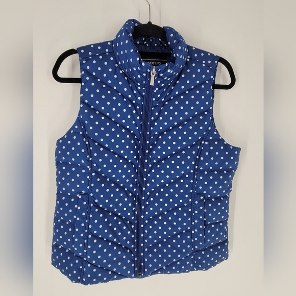 Lands' End Women's S 6-8 Blue White Polka Dot Quilted Down Puffer Vest - Picture 1 of 4